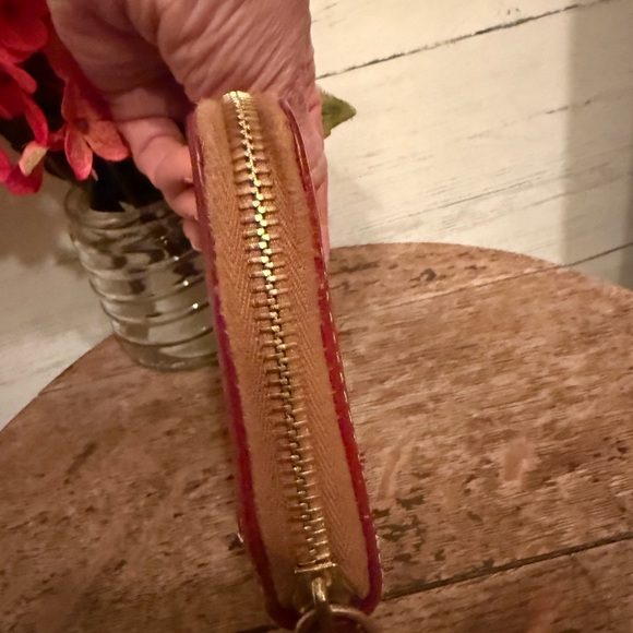 Dooney & Bourke Deep Red Pebble Grain Large Zip Around Brown Accent Leather Pull - Picture 4 of 11